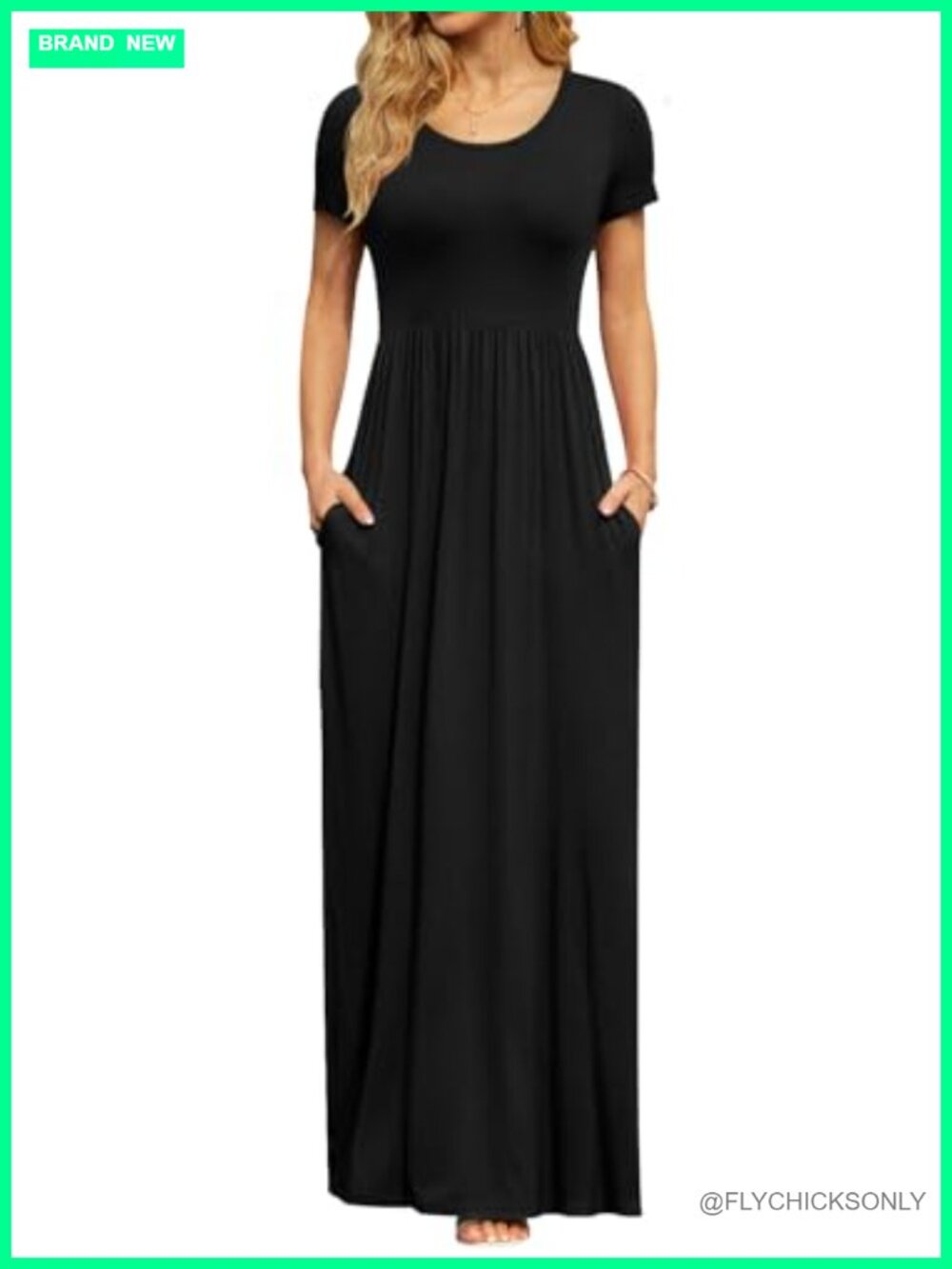 Women's Empire Waist Maxi Dress with Pockets Flowy Summer Casual Short Sleeve